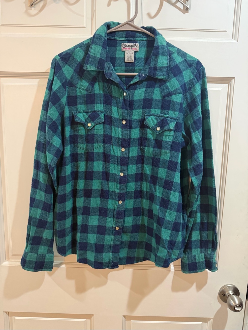 Wrangler Teal and Navy Plaid Pearl Snap-Front Button Shirt Size xl